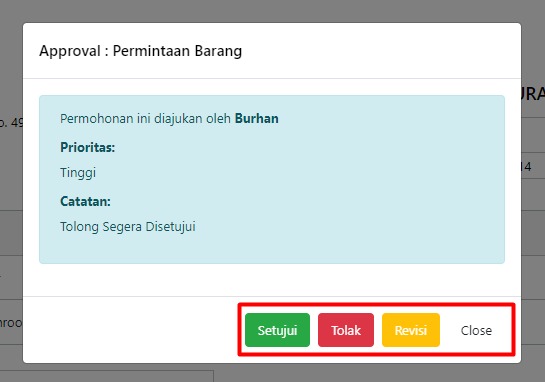 Pop-up Proses Approval dengan Opsi Setujui, Tolak, dan Revisi