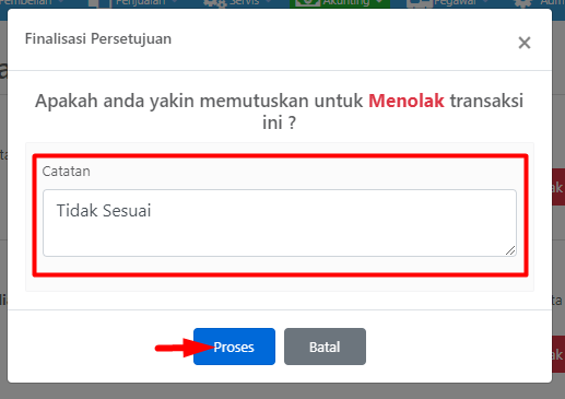 Pop-up Finalisasi Persetujuan dengan Kolom Catatan
