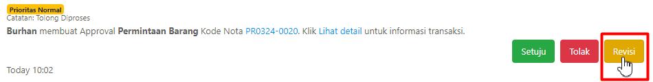 Tombol Revisi pada Proses Approval