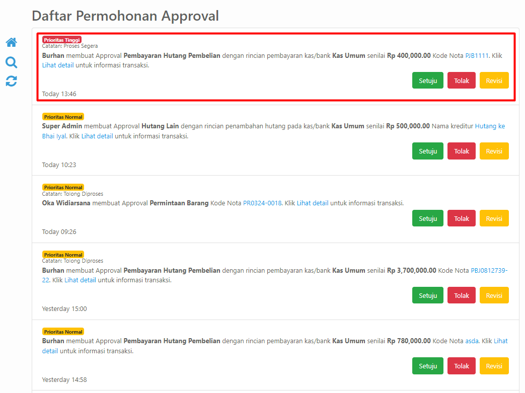 Halaman Daftar Permohonan Approval