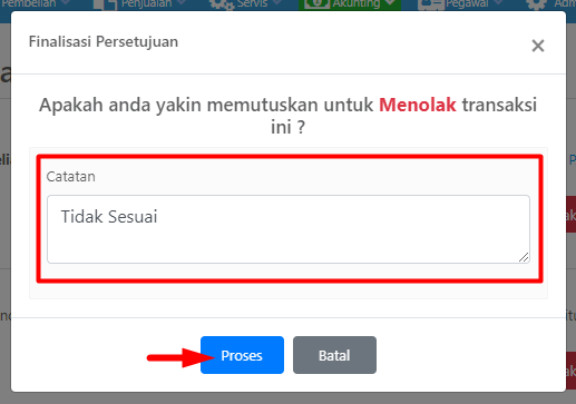 Pop-up Finalisasi Persetujuan dengan Catatan Wajib