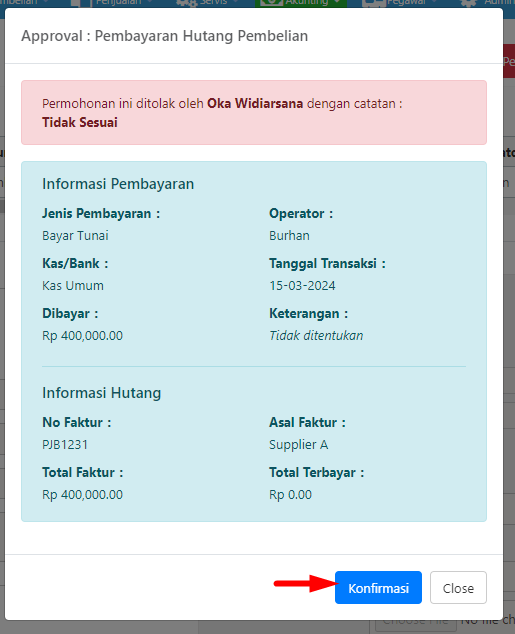 Pop-up Konfirmasi Penolakan