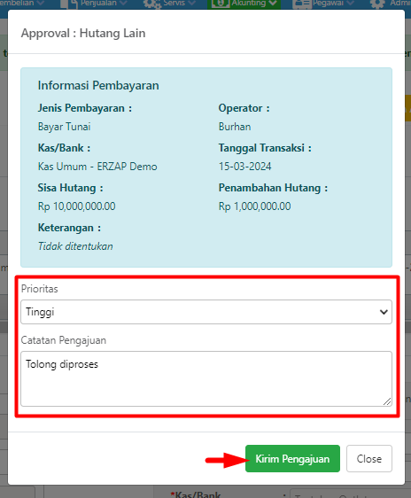 Pop-up Permohonan Approval Hutang Lain