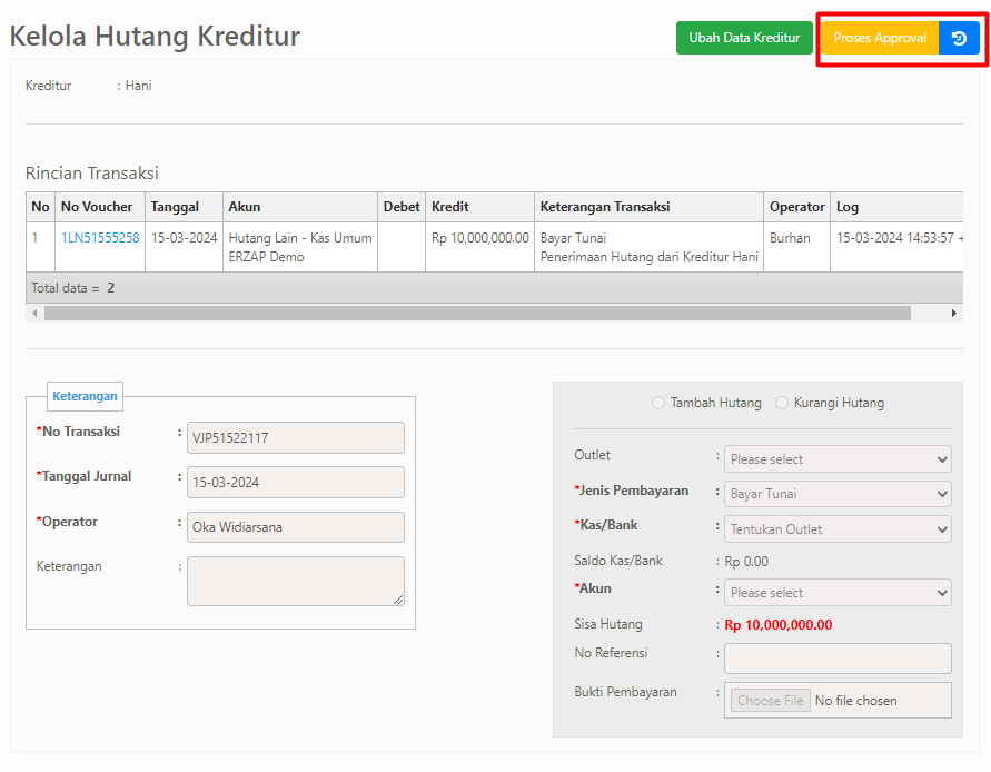 Tombol Proses Approval di Kelola Hutang