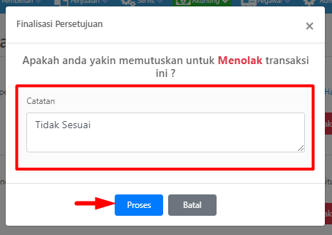 Pop-up Finalisasi Persetujuan - Ditolak