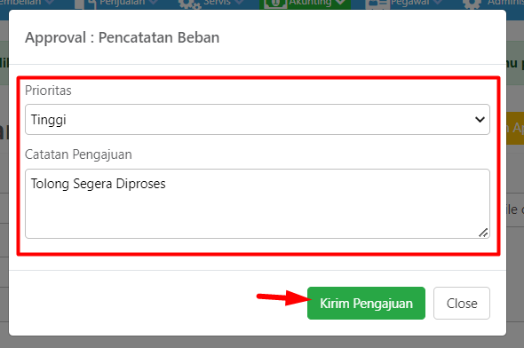 Pop-up pengajuan approval dengan pilihan prioritas dan catatan
