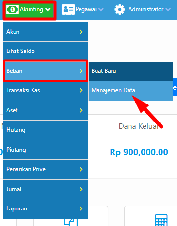 Menu Akunting untuk akses manajemen data beban
