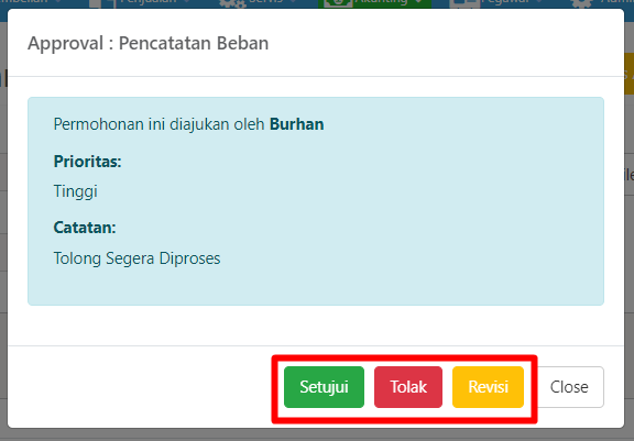 Pop-up approval dari halaman perubahan data jurnal beban