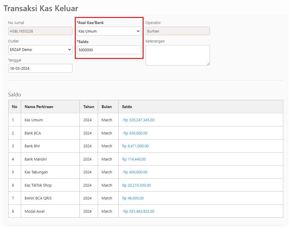 Halaman pengisian data Transaksi Kas Keluar