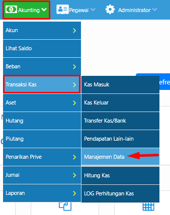 Menu Manajemen Data di Transaksi Kas