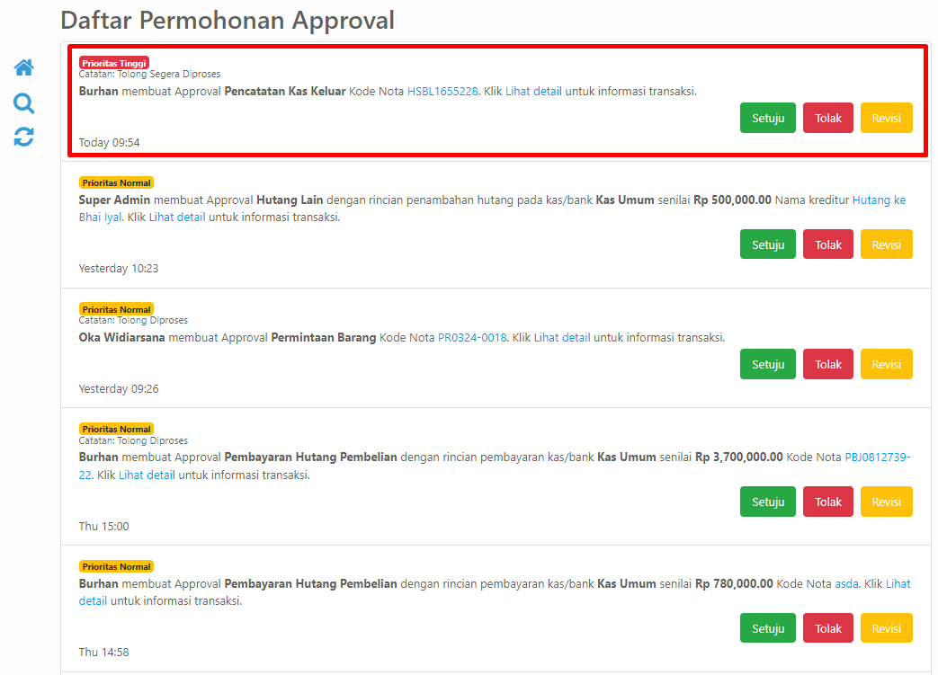 Halaman Daftar Permohonan Approval