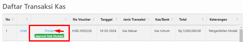 Tombol Proses di Daftar Transaksi Kas