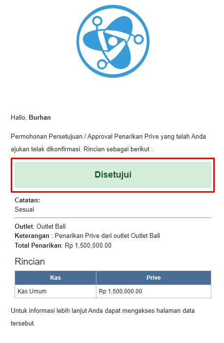 Email notifikasi approval disetujui