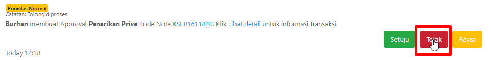 Tombol Tolak pada approval
