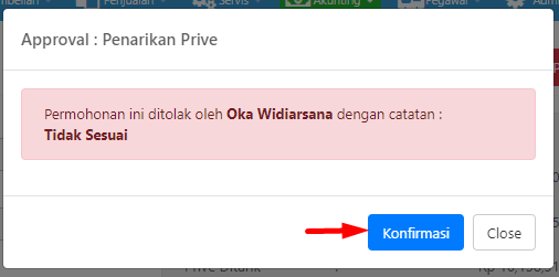 Pop-up konfirmasi penolakan