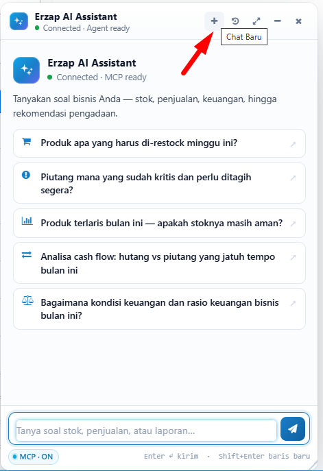 Tombol untuk membuat chat baru di Erzap AI Assistant